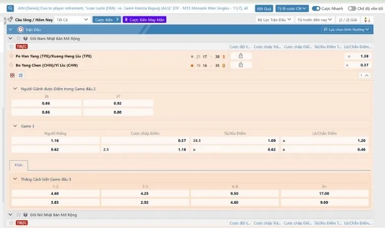 Bật Mí Cách Chơi Cá Cược Cầu Lông Tại Sodo6789 Chuẩn Xác 2 Bảng tỷ lệ kèo cá cược Cầu Lông Tại Sodo6789